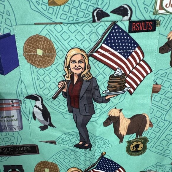 Parks and Rec RSVLTS XL Leslie Knope Button Down SS Shirt Teal Green NWT Stretch - Picture 4 of 16